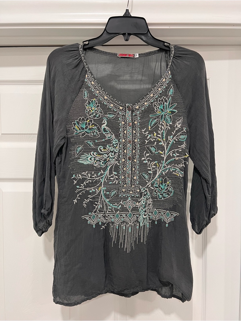 Johnny Was Charcoal Tunic with Teal and Cream Embroidery